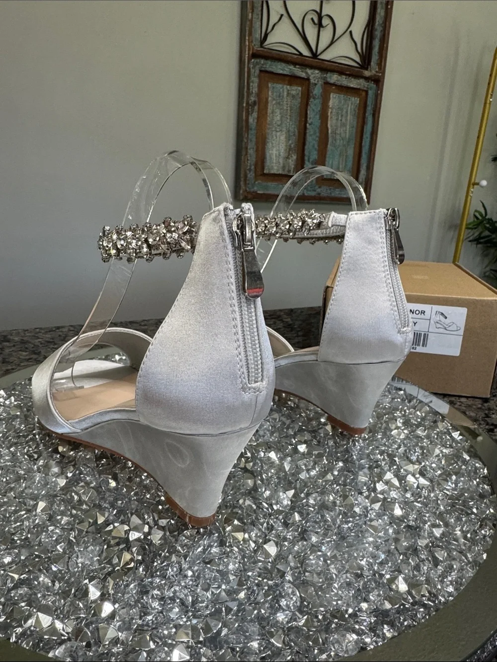 Journee Collection Conner Silver Satin Wedge Sandals Crystal Ankle Strap NEW 8.5